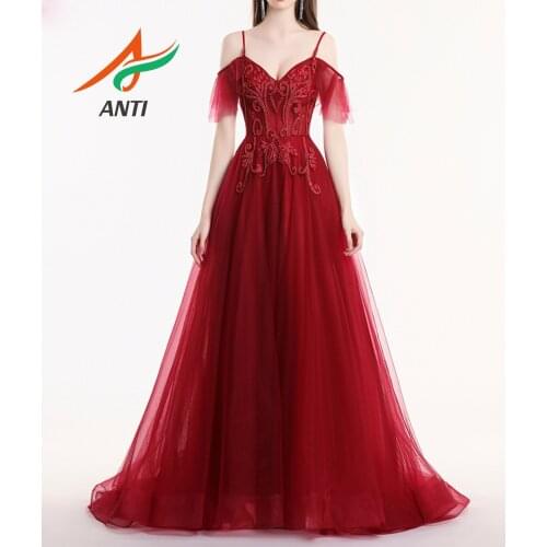ANTI New Luxury Evening Dress Robe De Soiree Banquet Sweetheart Burgundy Lace Beading Sweep Train Long Formal Prom Gown
