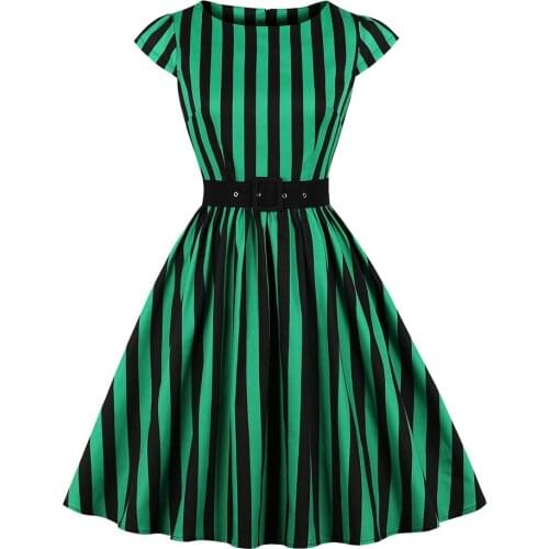 Black Green Striped Dress VD1537 Short Sleeve Cotton A Line Swing Vintage Dress Plus Size 4XL Christmas Women Dress