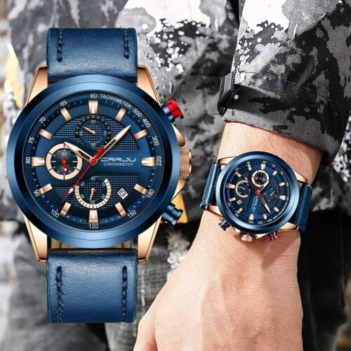 CRRJU Watches Mens Brand Luxury Casual Leather Strap Sport Quartz Wristwatch Chronograph Clock Male Creative Design Dial