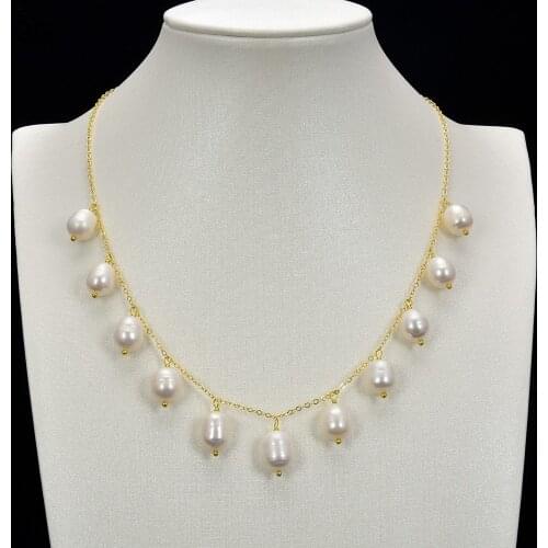 GG Jewelry Natural Pearl Freshwater White Rice Pearl Golden Plated Chain Necklace Pendant 18" Adjustable