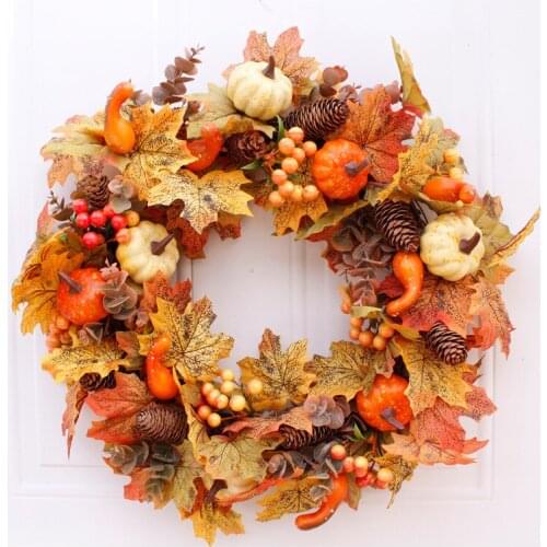 Diameter 20 Inches Pumpkin Fake Flower Wreath for Halloween Home Door Decor Pine Cones Garland Christmas Decor Market Window