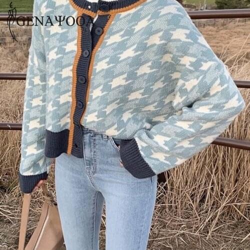 Genayooa Knitted Cardigan For Winter Women Long Sleeve Vintage Patchwork Houndstooth Sweater Korean Style Soft Jumper 2020 Chic