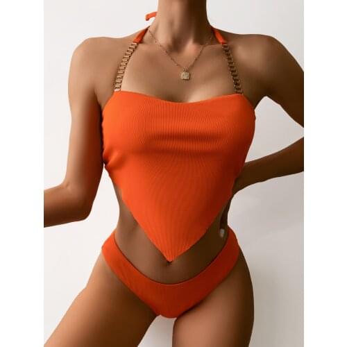 New Ribbed Bellyband Swimsuit Sexy Chain Swimwear Women Bathing Suit Halter Top Push Up High cut Biquini Female Two-piece Bikini