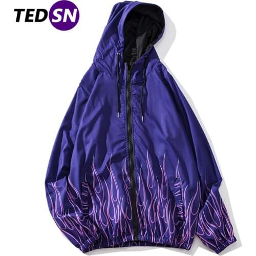 Hooded Jacket Coat Zipper Hoodies Windbreaker Coat Flame Print Harajuku Streetwear Oversized Men Coats Casual Outwear Autumn