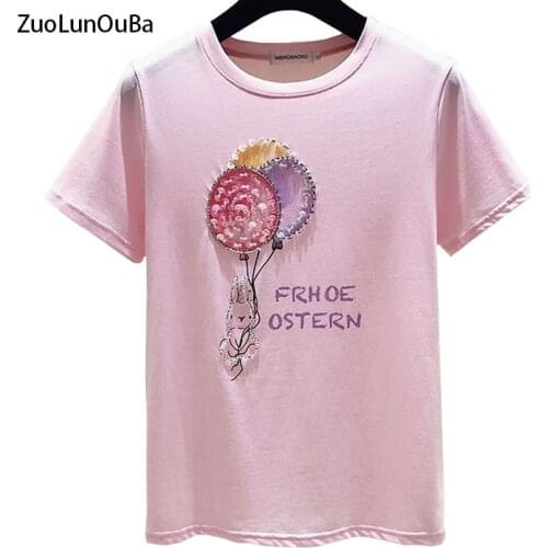 Summer High Quality New Fashion Women T Shirt Beaded Cartoon Cute Rabbit Sequined Balloon Print Letters Lady Tees Tops Female