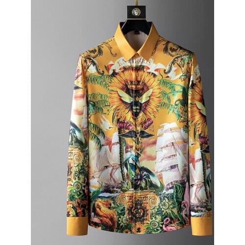 2021 Mens Printed Long-Sleeved Shirt Casual Street Slim Bee Printed Mens Shirt