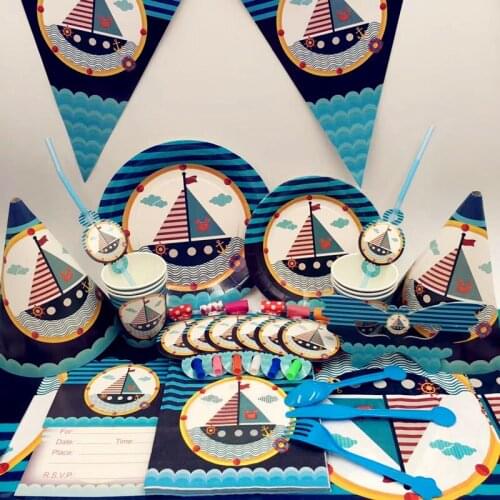 Blue Sailing Boat Theme Disposable Tableware Sets For Kids Boys Girls Birthday Party Decoration Supplies Kids Favor