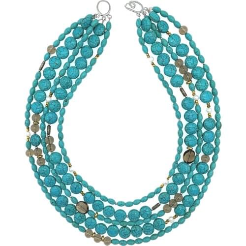 5 Strands Of Different Shapes Turquoise Necklace White Pearls Smokey Quartz Topaz Silver And Gold Mixed For Women Gift 18 Inch