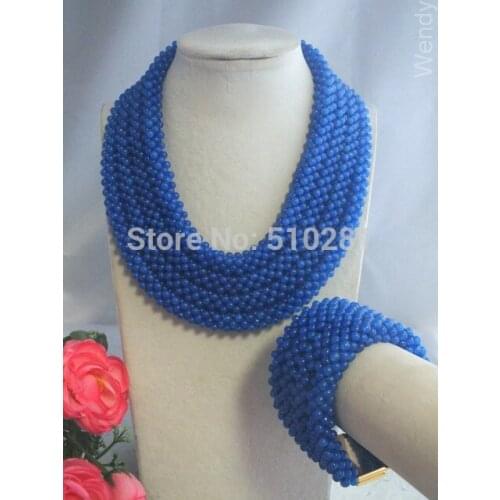 Attractive African Nigerian wedding Royal Blue Natural stone jewelry set 20-25"