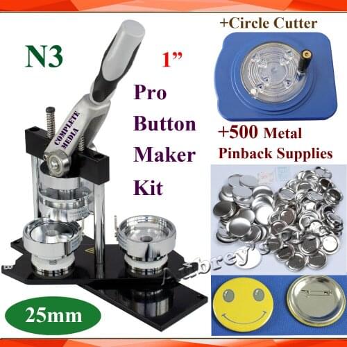 Pro N3 NEW High Quality 1" 25mm Badge Button Maker Machine + 8 Fix Size Circle Cutter+500 Sets Metal Pinback Button Supplies
