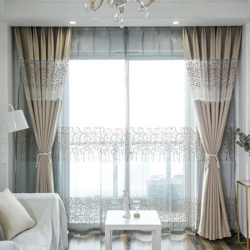 Luxury Stitching Curtains for Living Room Beige Blue Tree Hollow Out Romantic Heavy Chenille Bay Window Drapes zh405C
