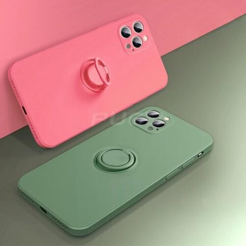 Luxury Ring Holder Square Liquid Silicone Case For iPhone 12 11 Pro Max Mini X XS XR 8 7 Plus SE 2020 Camera Protection Cover