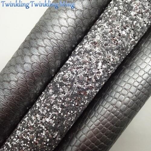 GREY Glitter Fabric, Metallic Faux Fabric, Crocodile Synthetic Leather Fabric Sheets For Bow A4 21x29CM Twinkling Ming XM774