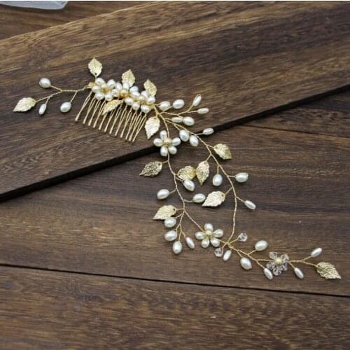 Women Long Hair Comb Jewelry Wedding Hair Accessories Leaf Pearl Bridal Hair Comb Ladies Hair Jewelry Light Gold Comb Headpiece