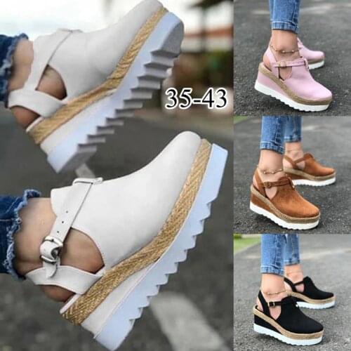 Womens Sandals Vintage Wedge Shoes Woman Buckle Strap Straw Thick Bottom Flats Platform Sandals Flock Female Shoes Summer 2020