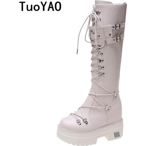 Spring Women Knee High Boots Wedges High Heels 10CM Platform Lace up Long Boots Autumn Women Leather Sneakers Motorcycle Boots