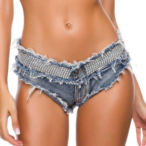Women Sexy super denim shorts Summer denim Diamonds splicing shorts Ladies Skinny club super short jeans
