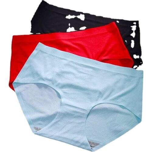 Traceless breathable one-piece womens cotton inner cover ice silk breathable mesh womens midwaist cold thin underwear