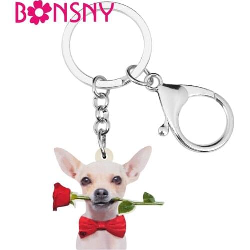 Bonsny Acrylic Valentines Day Rose Chihuahua Dog Key Chains Rings Animal Keychain For Women Girl Teen Bag Car Purse Decorations