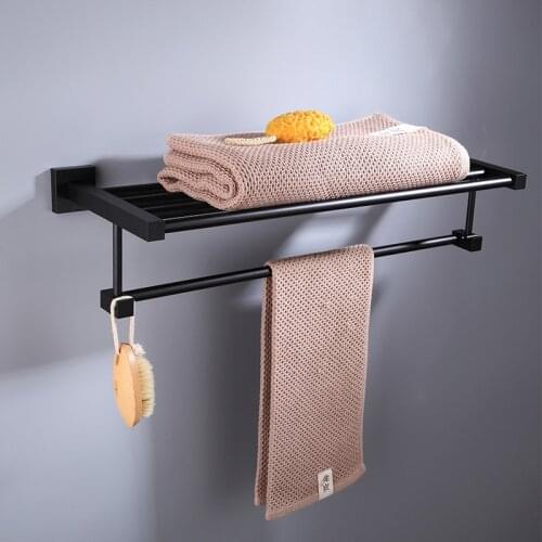 Black Alumimum Foldable Bathroom Towel Rack Holder Wall Mounted Storage Hanger Kitchen Hotel Towel Clothes Shelf With 5 Hooks