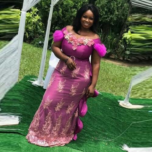 Fuchsia Plus Size Prom Dresses Off The Shoulder Flowers Appliques Mermaid Party Gown Lace Appliqes African Women Evening Dress