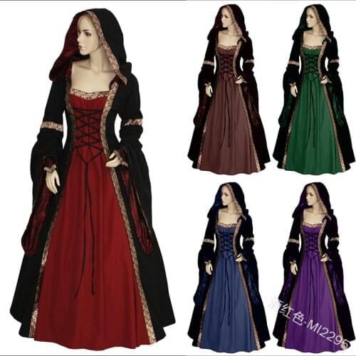Kalenmos Retro Fashion Dress Women with Hooded Flared Sleeves and Tie Waist Irregular Medieval Square Collar Ladies Dresses