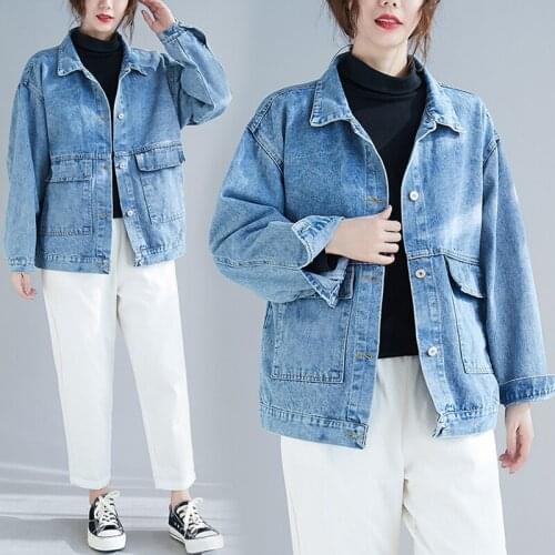 Vintage Water Wash Loose Denim Jacket Women Spring Autumn Basic Coat Short Long Sleeve Double Pocket Cardigan Outerwear Female