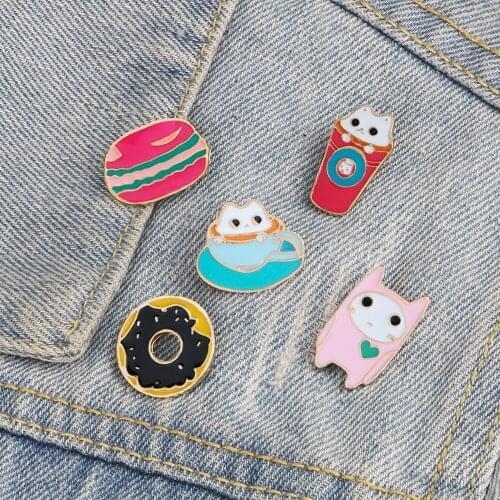 Cute Milk Tea Pins Animal Cat Enamel Pin Doughnut Hamburger Brooches Creative Coffee Cup Lapel Pins Shirt Backpack Women Jewelry