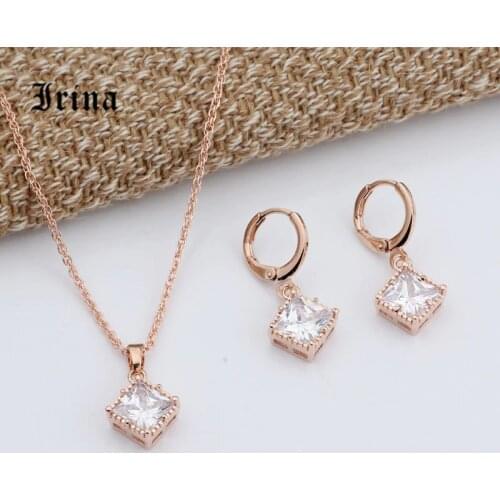 Irina Trendy Elegant 585 Gold-Color Jewelry Sets Cubic Zirconia Tiny Square Bridal Necklace Earrings Cubic Pendant For Women