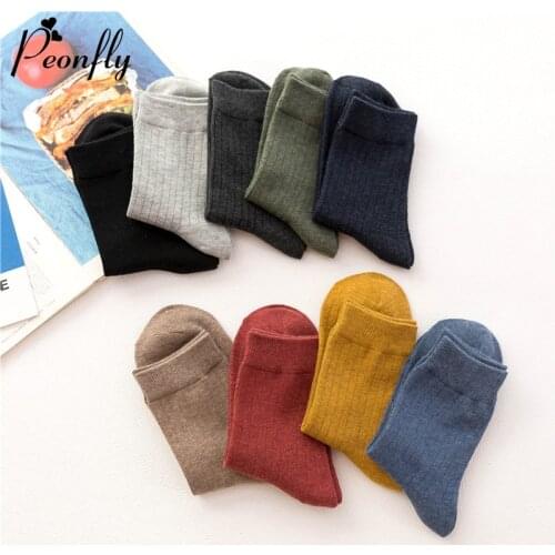 Peonfly Business Mens Casual Cotton Autumn Winter Solid Colors Crew Harajuku Striped Male Breathable Socks