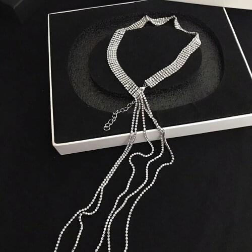 New Elegant indifference Tassels Long Full Rhinestone Necklace Neck chain Women Bow tie Geometry Clavicle chain Fashion Gift