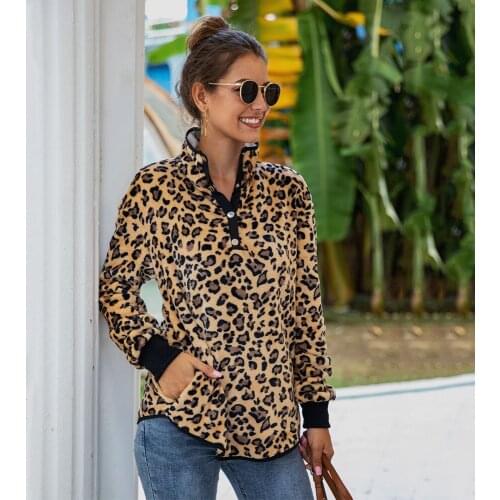 Casual Leopard Sweatshirts Pocket Warm Autumn Winter Women Stand Collar Half Open Semicircular Hem Hoodies Slim Tops Pullovers