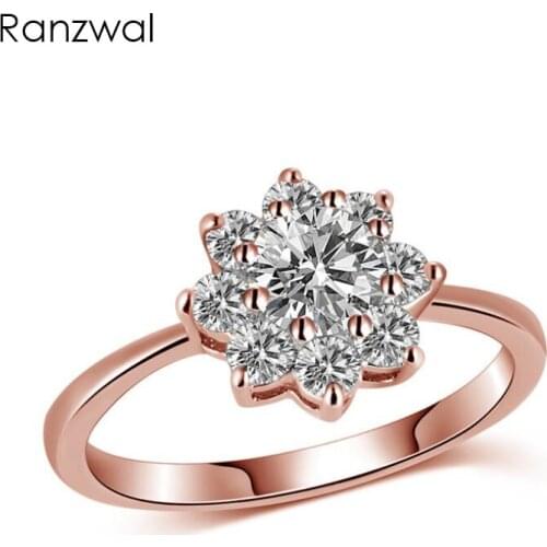 Ranzwal Fashion Rose Gold Color Rings for Women Flower Zircon Crystal Ring Anillo De Cristal Gift US SIZE 6~9