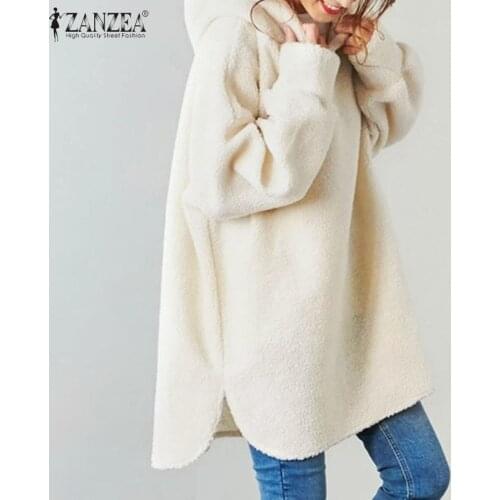 Stylish Fluffy Sweatshirts Womens Hooded Hoodies ZANZEA 2021 Casual Long Sleeve Pullovers Female Split Tops Traksuits