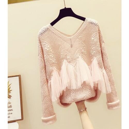 Sequined Mesh Stitching V-neck Woolen Sweater Womens 2020 Autumn New Style Womens Sweaters Loose Jumper Pull
