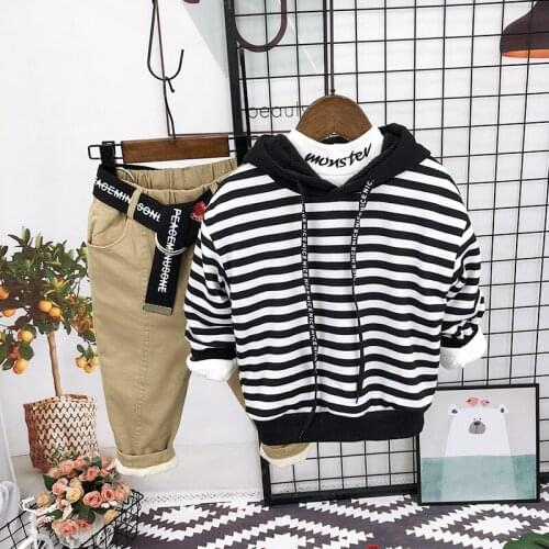 Boys Sweatshirt Baby Boys Plus Velvet Thick Winter Striped Hooded T Shirt 2021 New Childrens Korean Style Boys Pullovers Tees