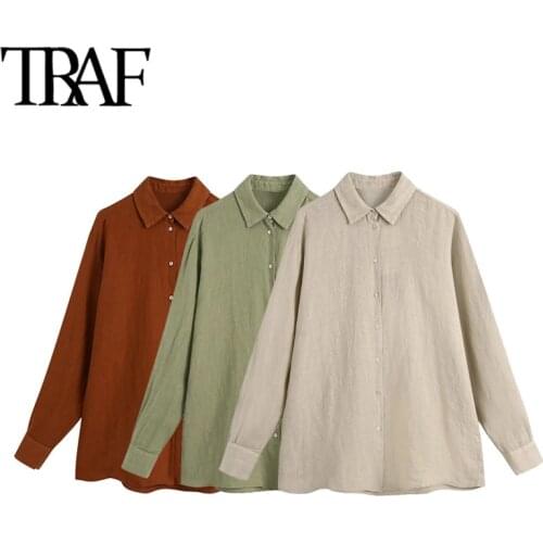 TRAF Women Fashion Back Dart Loose Linen Blouses Vintage Long Sleeve Button-up Female Shirts Chic Tops