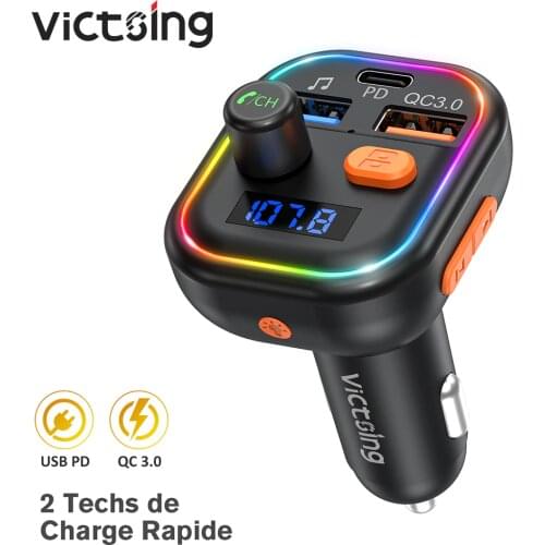VicTsing BH438 Bluetooth 5.0 FM Transmitter Wireless Adapter with PD&QC3.0 Dual Quick Charge RGB Audio Adapter Receiver for Car
