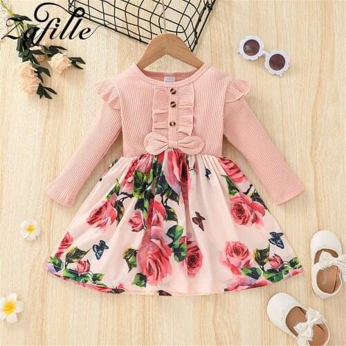 ZAFILLE 2021 Newest Autumn Winter Girl Dress Knitted Cotton Floral Kids Dresses For Girls Clothing Baby Chidlren Dress Up