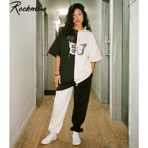 Rockmore Plus Size Tshirts women Contrast Color Butterfly Print Streetwear T-shirts Ladies Short Sleeve O-Neck Harajuku Shirts
