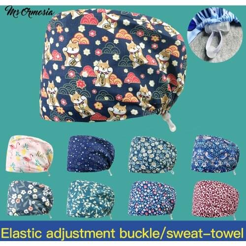 High Quality Health Service Scrubs Women Hats Cartoon Printing Caps Adjustable Elastic Buckle 100%cotton Pet Beauty Work Hat New