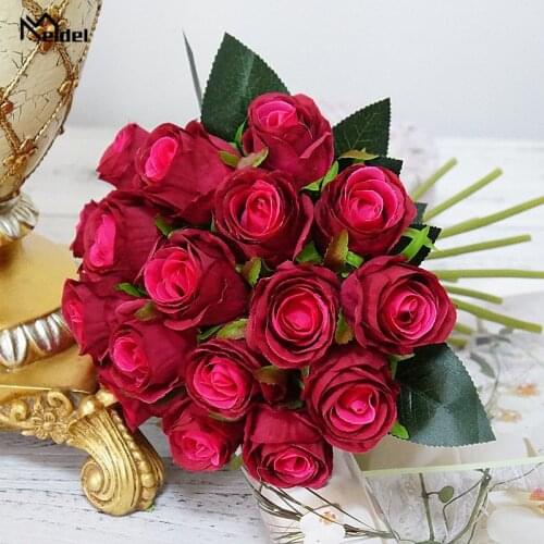 18 Heads Artificial Roses Flowers Bouquet Small Silk Roses Wedding Bridal Bouquet DIY Home Office Table Soft Decor Silk Flowers