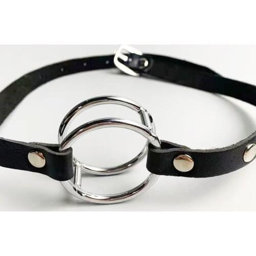 PU Leather Double Round Ring Open Mouth Gag Bondage Belt Deep Throat Slave Restraints BDSM Fetish Oral Sex Toys for Adult Games
