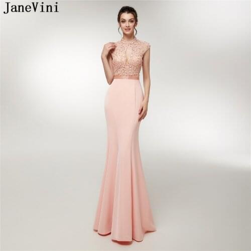 JaneVini 2018 Elegant Mermaid Beaded Bridesmaid Dresses High Neck Long Prom Dress Floor Length Backless Satin Formal Party Gowns