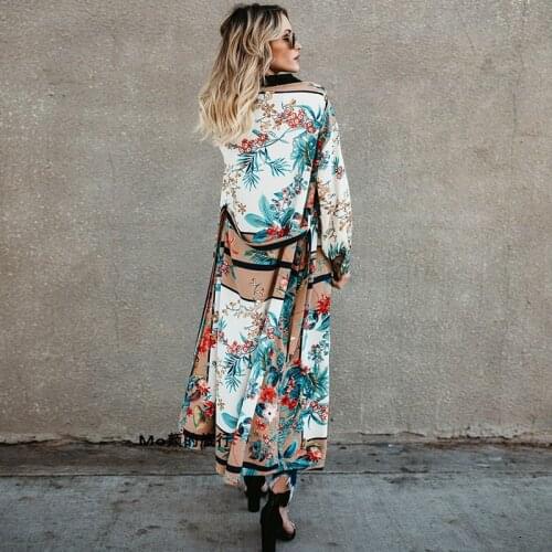 Floral Print Kimono with Sashes Retro-fashion Wide-waisted Japanese style belt Trench Casual Classic Coat lantern full Sleeve