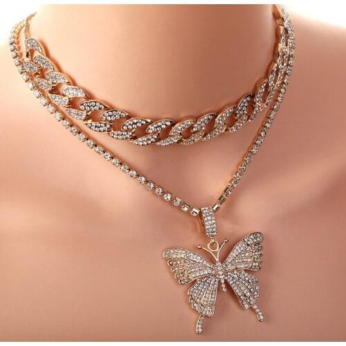 Exaggerated micro-inlaid rhinestone geometric necklace women retro suit Cuban chain big butterfly necklace butterfly necklace