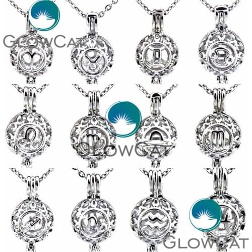 Copper 12 Constellation Necklace Beads Cage Essential Oil Aromatherapy Zodiac Pendant Oyster Pearl Cage Locket Necklace