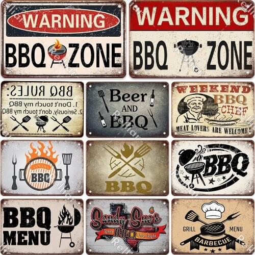 BBQ Party Metal Tin Plaque Retro Yard Garden Wall Decoration Signs Marked Barbecue Rules Slogan Plate Vintage Grill Poster