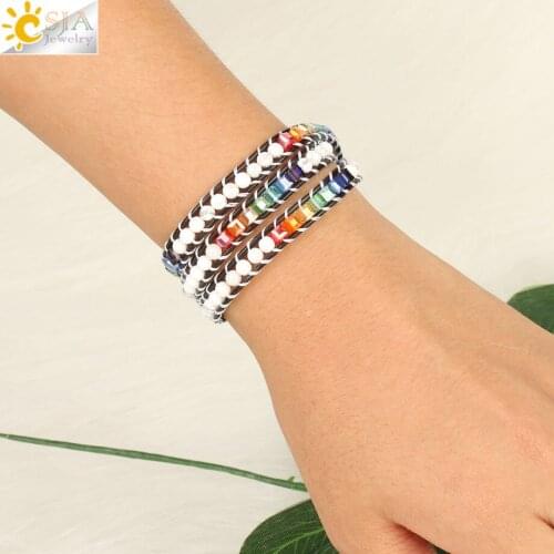CSJA Boho Natural Stone Multilayer Wrap Bracelets Colorful Glass White Turquoises Beads Woven Leather Bracelet Girl Jewelry S467