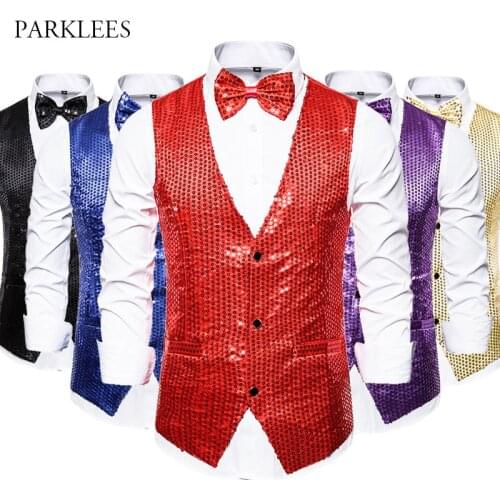 Glitter Sequins Men Shinny Vest Nightclub Party Stage Costumes Dress Vests for Men with Bow Tie Dance Show Mens Waistcoat Gilet